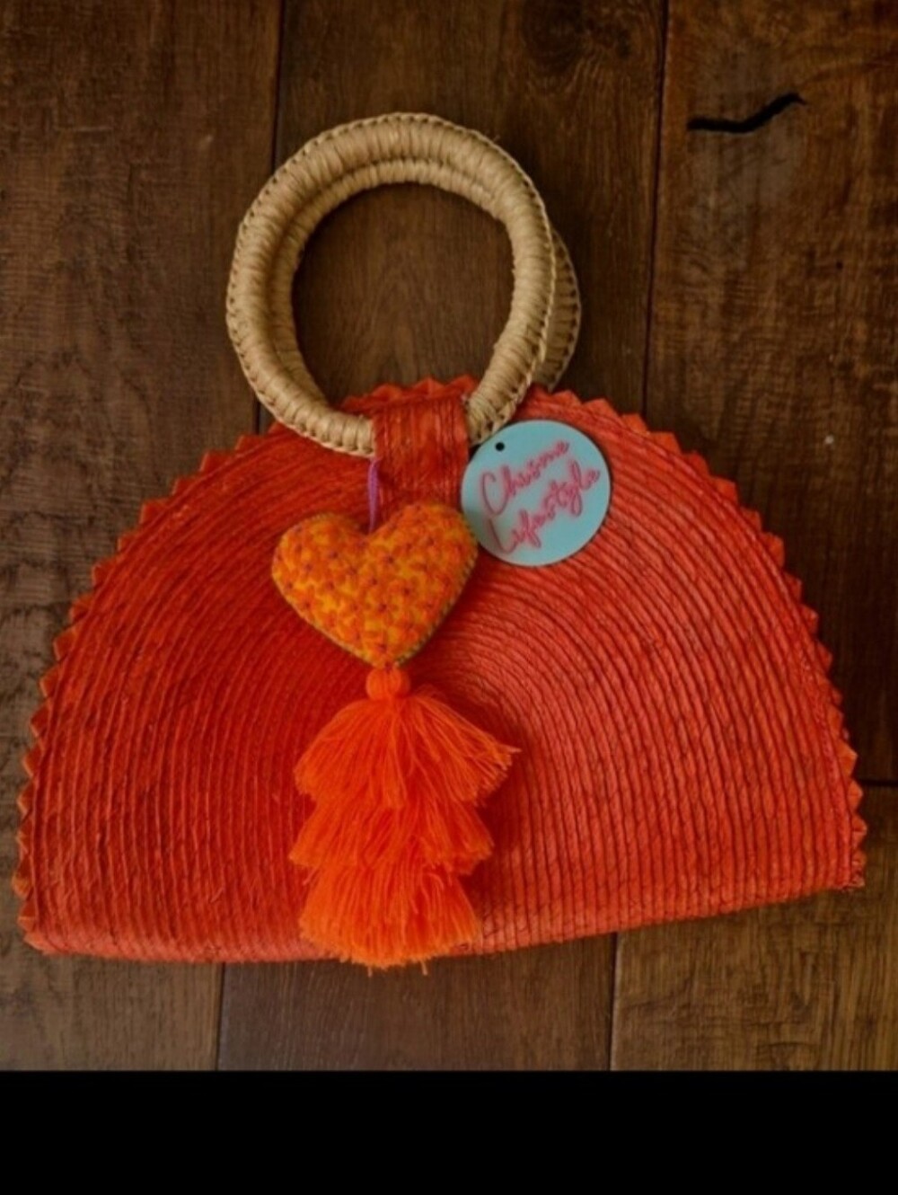 Orange Straw Handbag with Heart Tassel